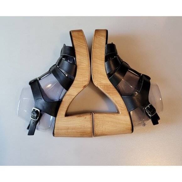 Anthropologie Silent D Italian Black Leather Wooden Fisherman Heels Sz 41 - Picture 7 of 11